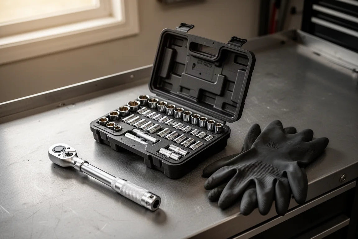 Mechanic's bench with socket set and hand tools laid out on a workbench