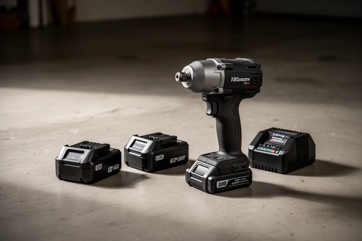 Cordless impact wrench resting on a garage floor beside stacked batteries
