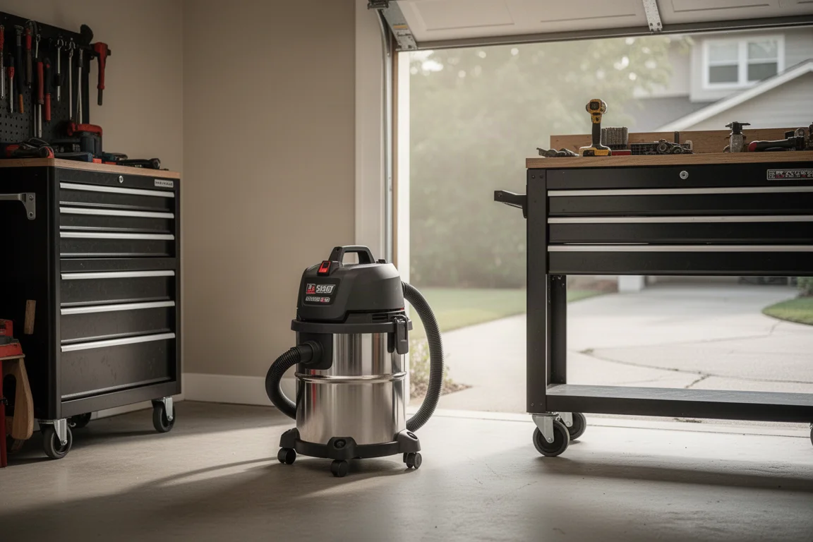 Compact shop vacuum positioned in a tidy home garage workshop