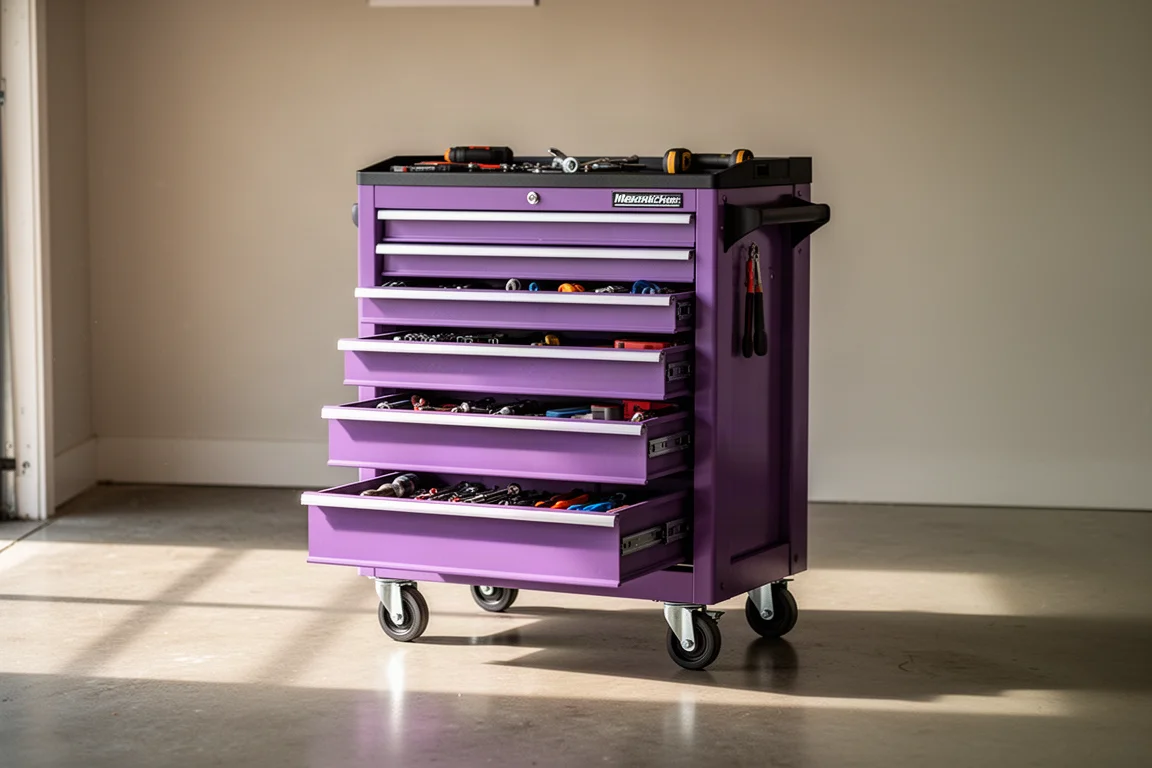 Purple five-drawer mechanics cart with tools in a home garage