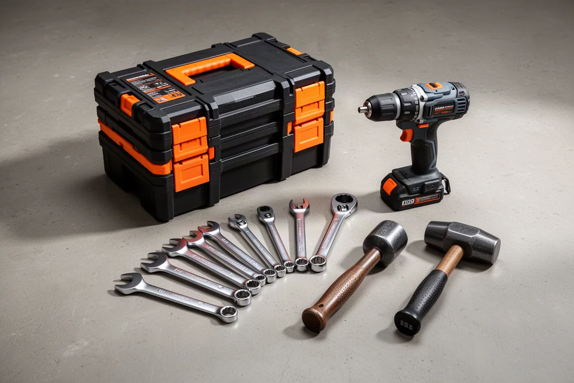 Workshop tools including a storage case, wrenches, drill, and hammers arranged on concrete