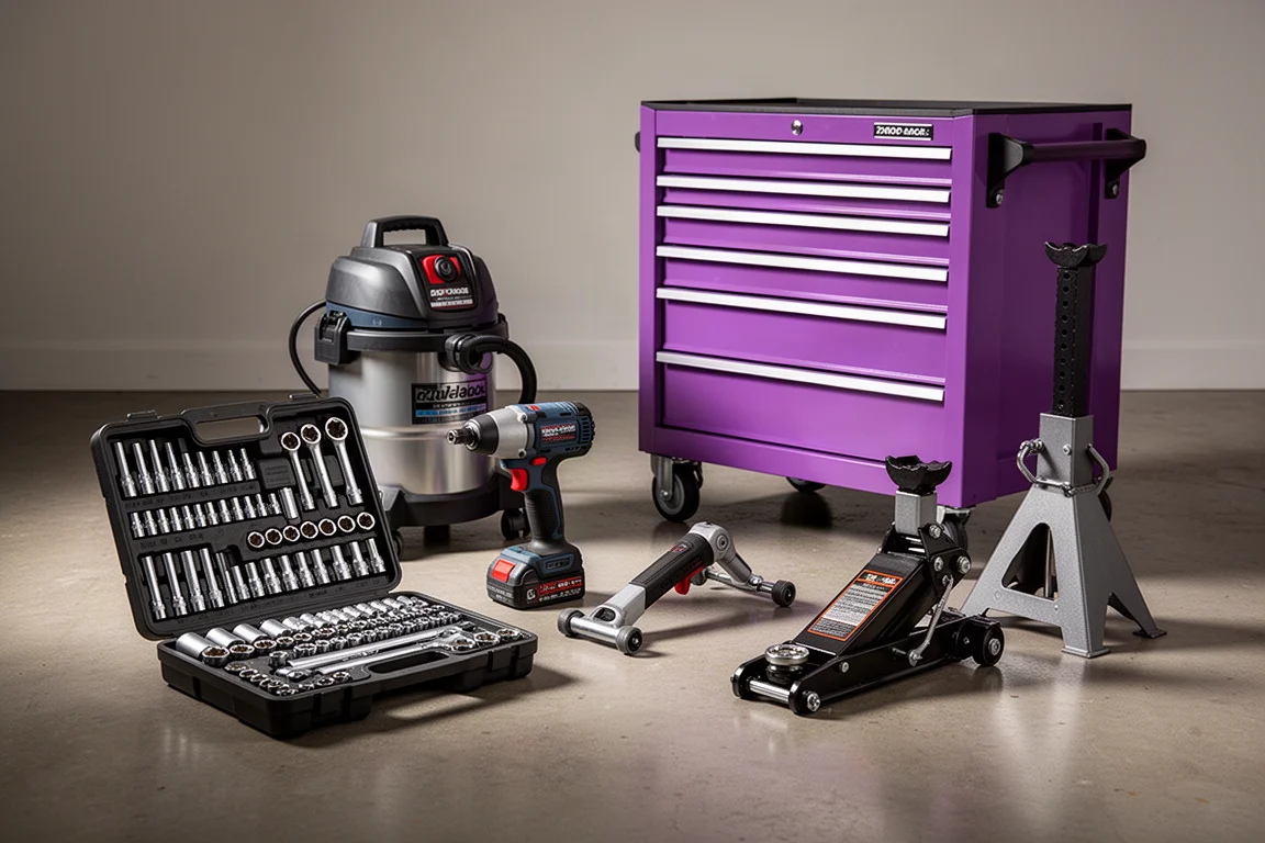 Assortment of garage tools including socket set, impact wrench, shop vacuum, mechanics cart and jack stands