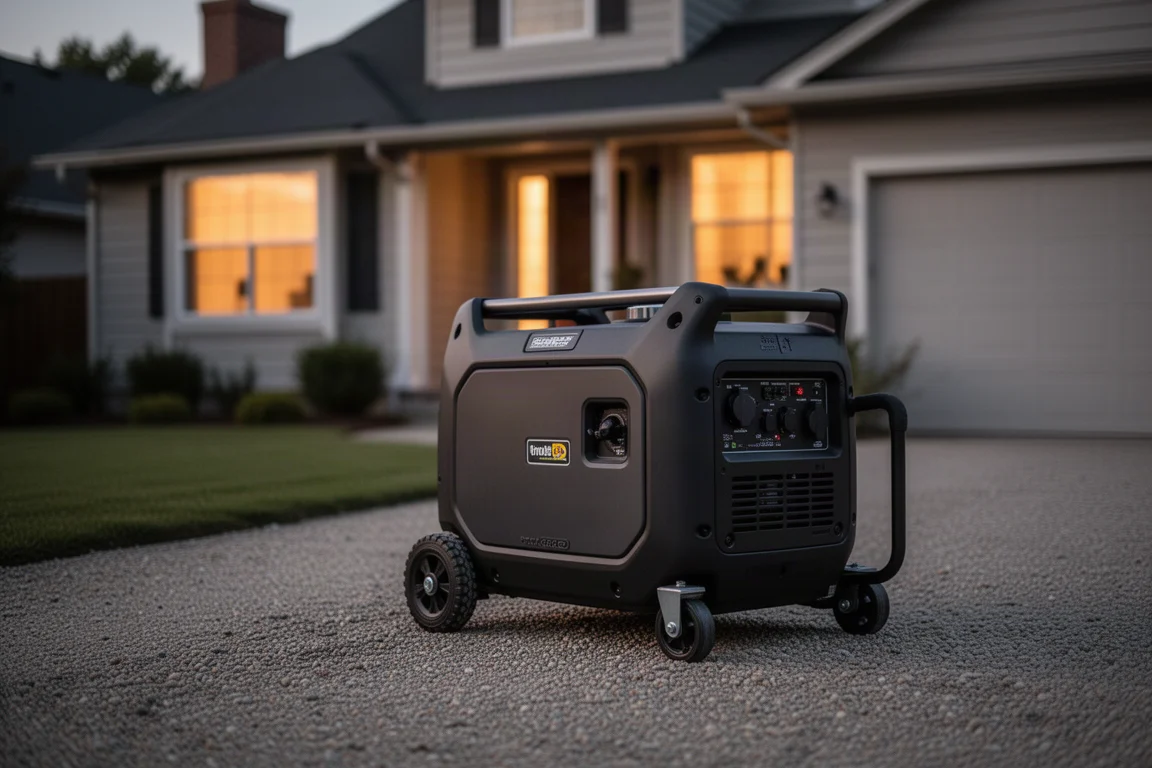 Leiser Inverter-Generator läuft vor einem Haus während eines abendlichen Stromausfalls