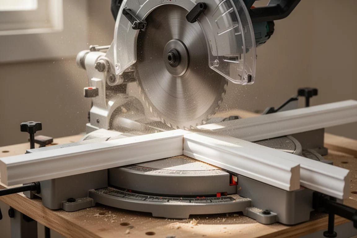Kappsäge mit Gleitfunktion schneidet eine Leiste, Staub in der Luft