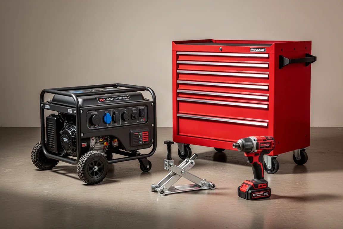 Generator, rolling tool cabinet, off-road jack and cordless impact wrench arranged on concrete