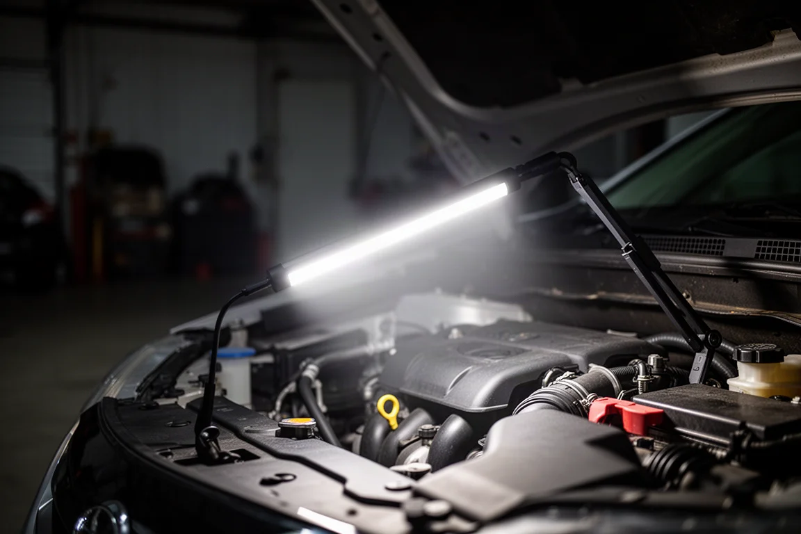 Schlanke LED-Stablampe wirft nachts helles Licht in einen Motorraum