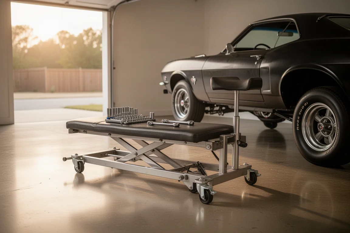 Rollbarer Mechanikersitz neben einem niedrigen Projektauto in einer Heimgarage