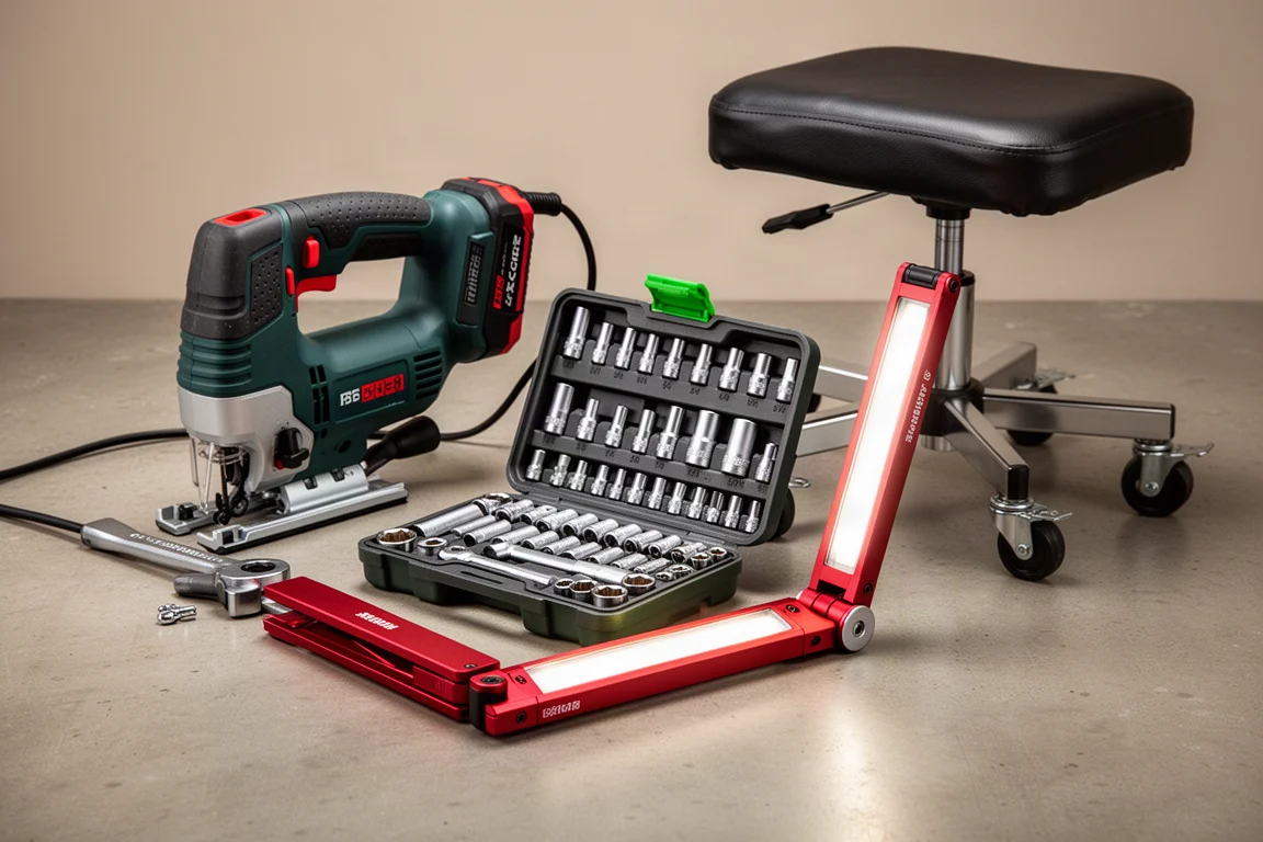 Assortment of new workshop tools including a jigsaw, socket set, LED bar light, and mechanic seat on concrete