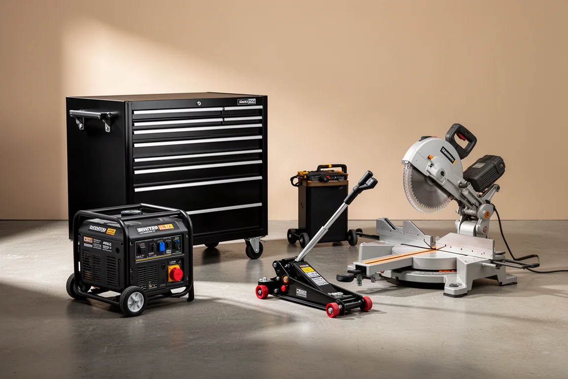 Roll cabinet, inverter generator, floor jack and miter saw on a concrete garage floor