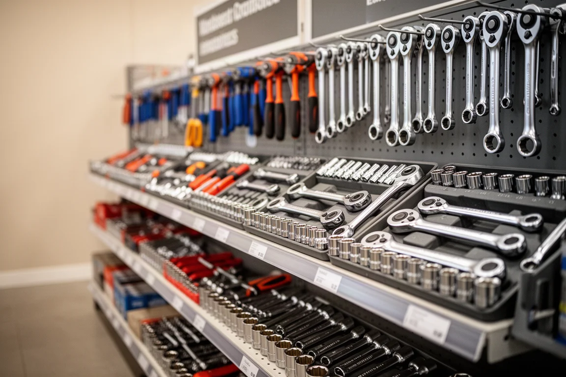 Aisle z narzędziami mechanika, grzechotki i zestawy nasadek na półkach wystawowych