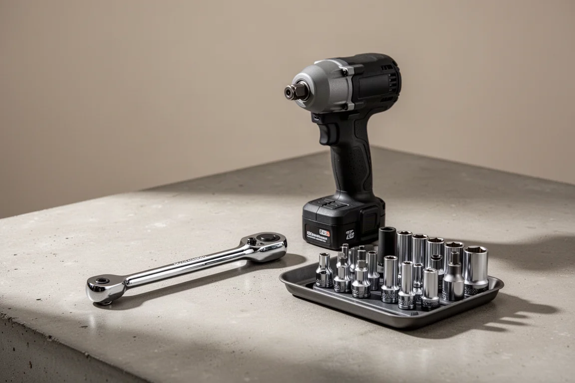 Chrome ratchet, cordless impact wrench, and impact sockets arranged on concrete