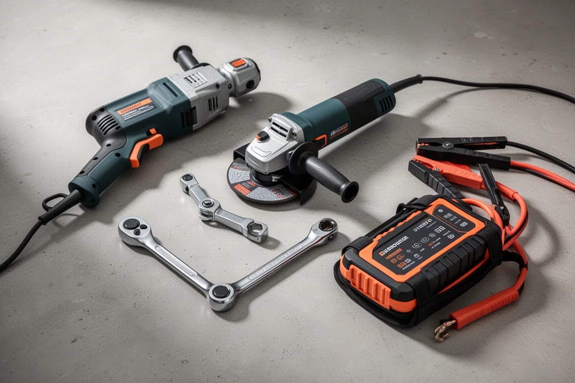 Flat-lay of drill, grinder, ratchet, and jump starter on concrete