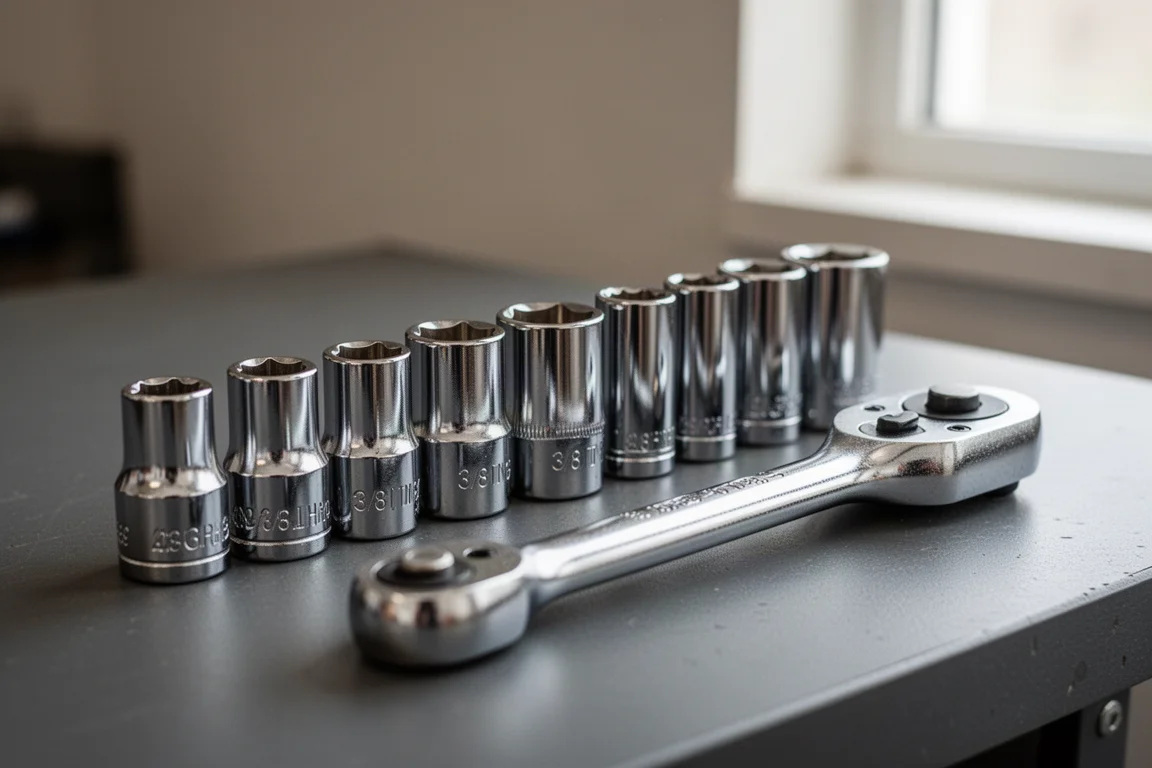 Chrome 3/8-inch sockets and a low-profile ratchet laid out on a dark workbench