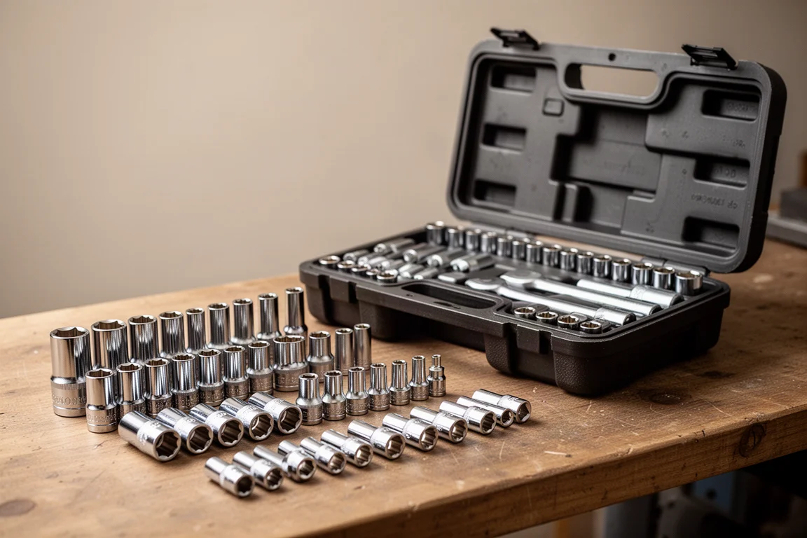 Wide range of metric and SAE sockets laid out next to a blow-molded case