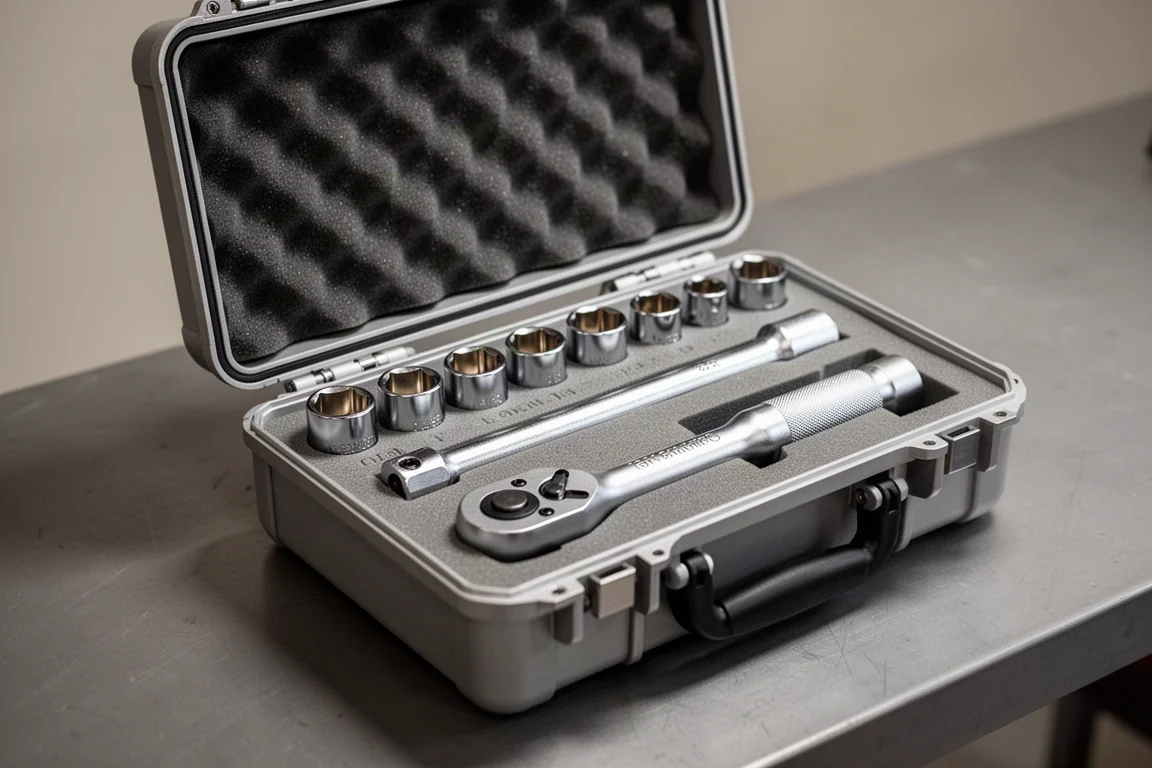 Foam-lined modular socket case with a chrome ratchet fitted inside