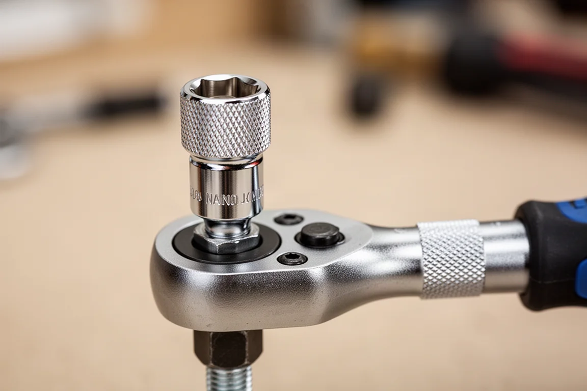 Close-up of small chrome nano sockets on a low-profile ratchet in a tight workspace