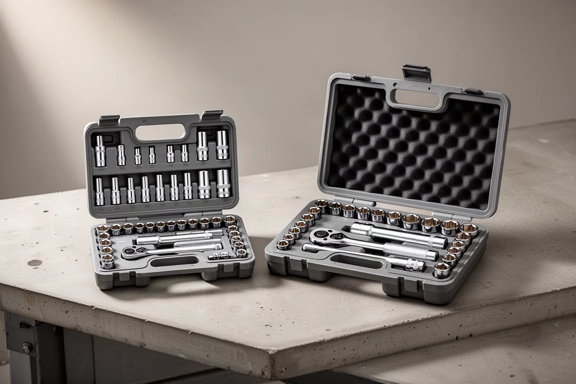 Two 3/8-inch socket sets in blow-molded and foam cases on a workbench