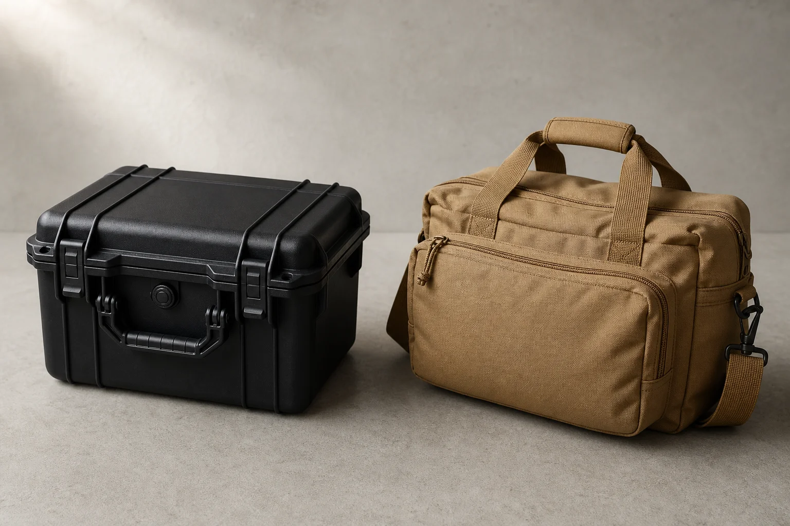 Hartschalenkoffer und Softshell-Tasche nebeneinander auf einer Betonoberfläche