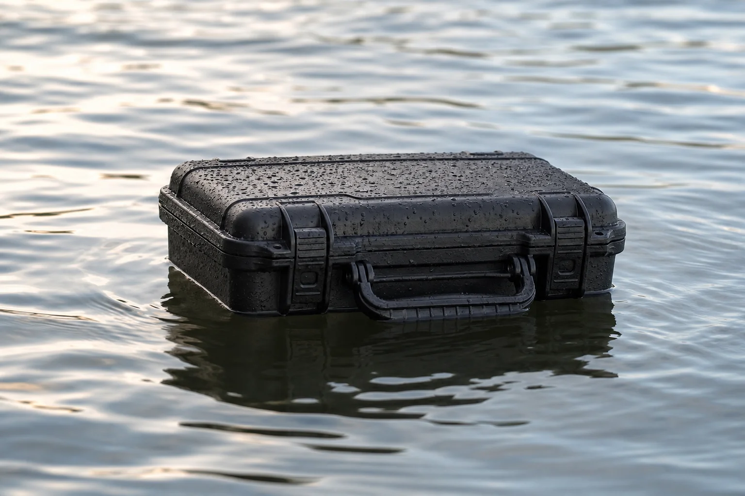 Hartschalenkoffer schwimmt während eines Haltbarkeitstests auf dem Wasser