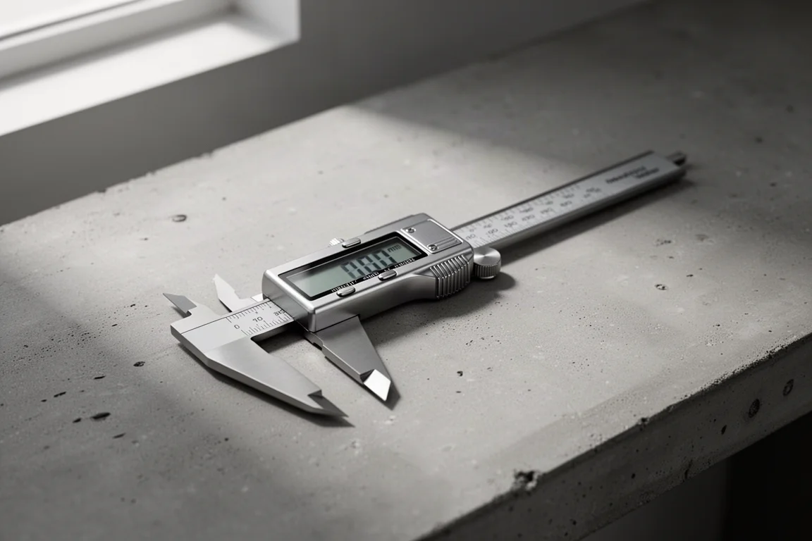 Stainless steel digital caliper lying on a concrete workbench