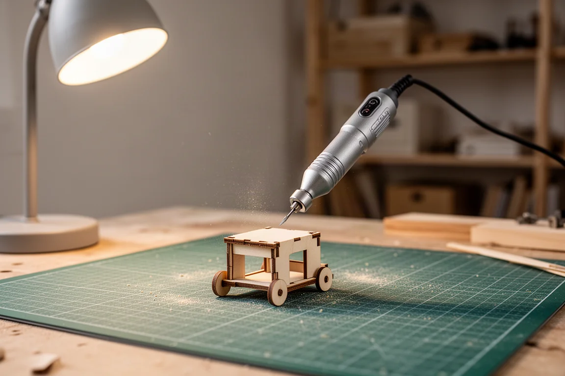 Petit projet de précision en cours de réalisation avec une fraise rotative dans un atelier domestique