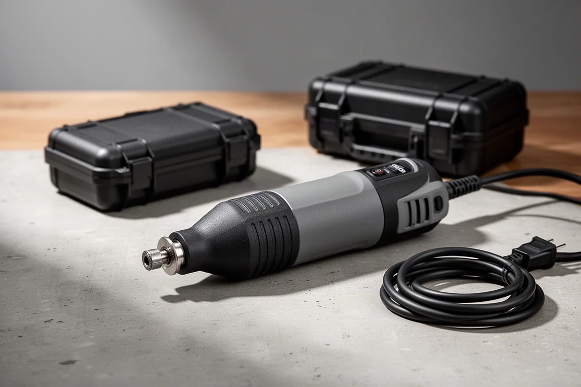 Hardell corded rotary tool with hard case and power cord on concrete surface