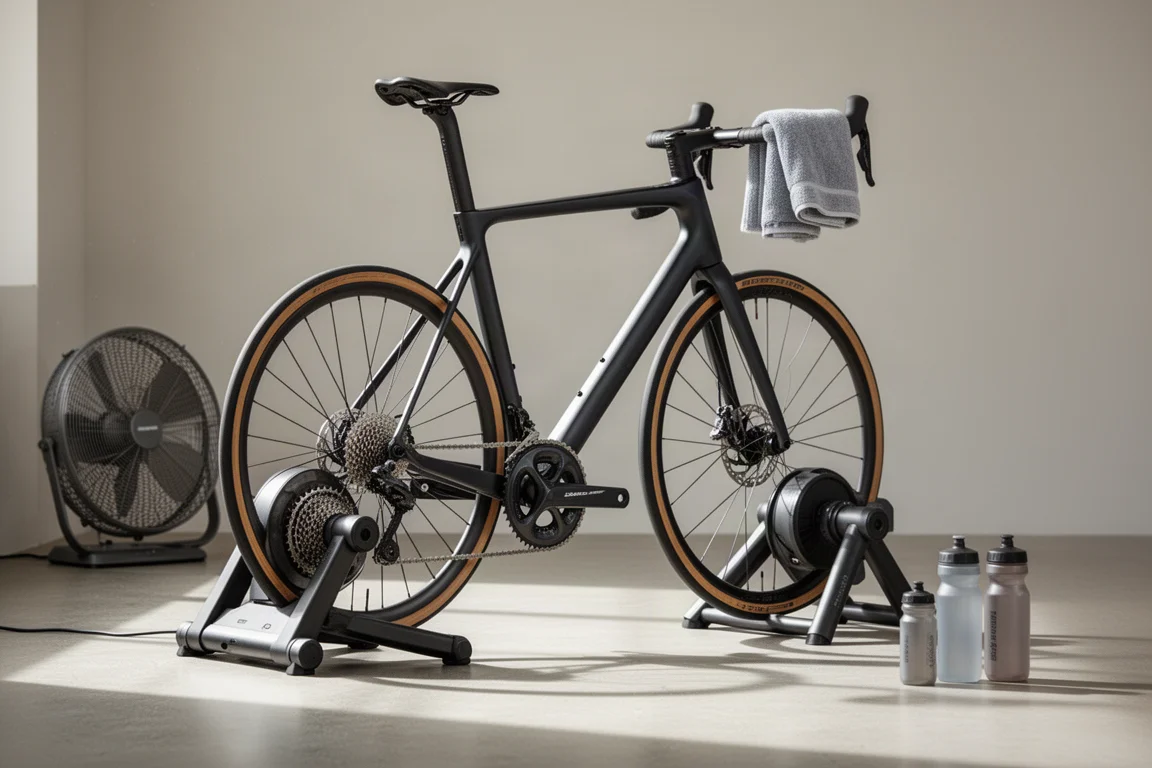 Racefiets op een smart trainer in een opgeruimde indoor trainingsruimte met ventilator en bidons