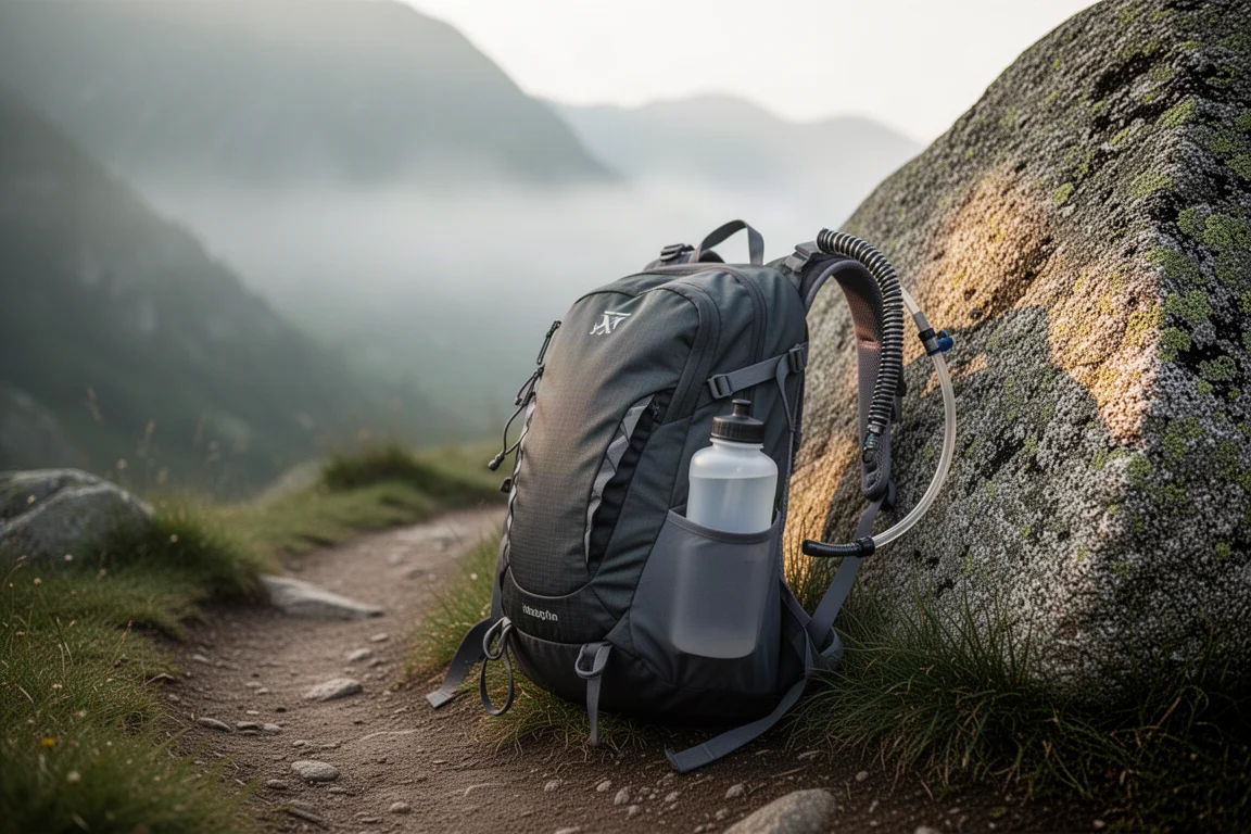 Escursionista su un sentiero di montagna roccioso con un tubo per bere che passa sopra una spalla