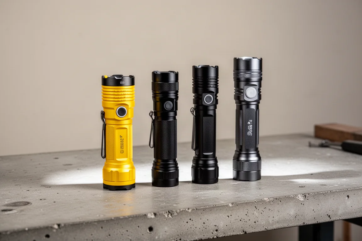 Row of four rechargeable flashlights standing upright on a workshop bench