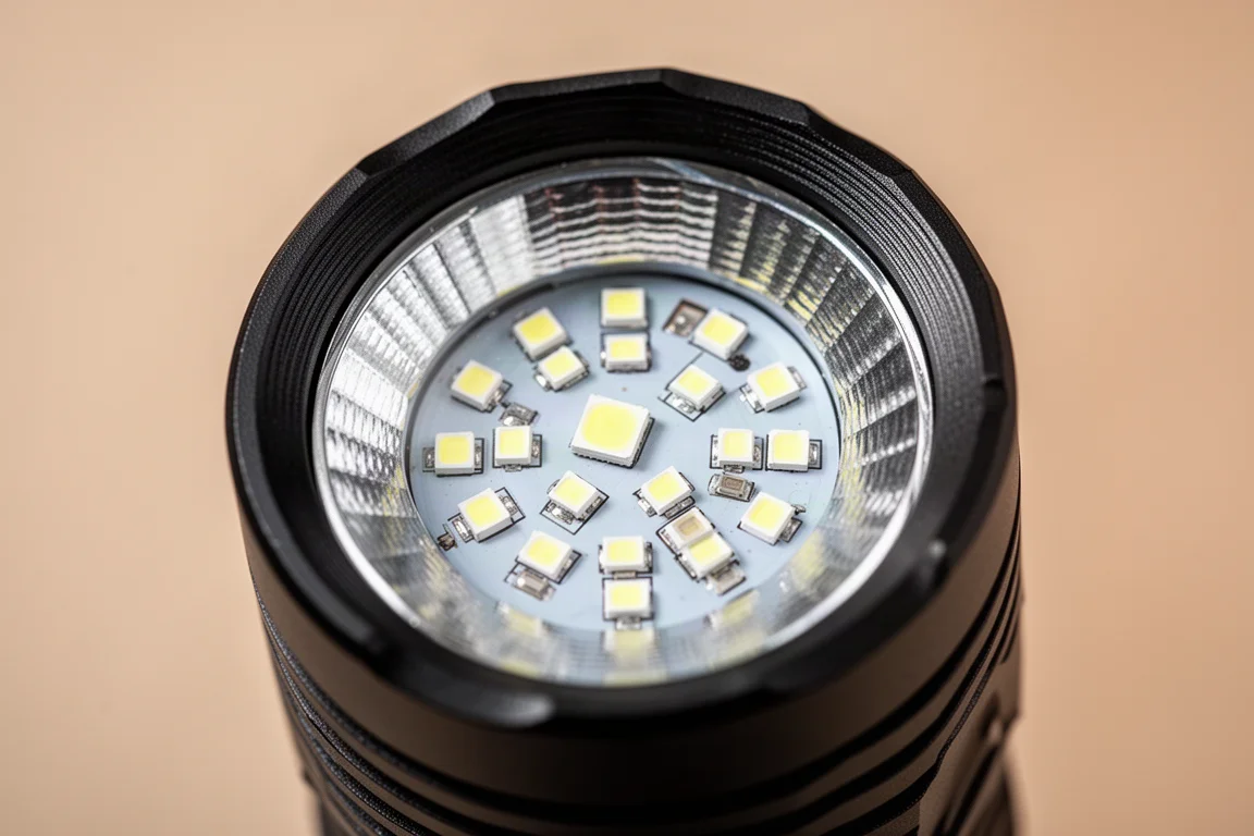 Radial LED array on the front of a large rechargeable flashlight in close-up