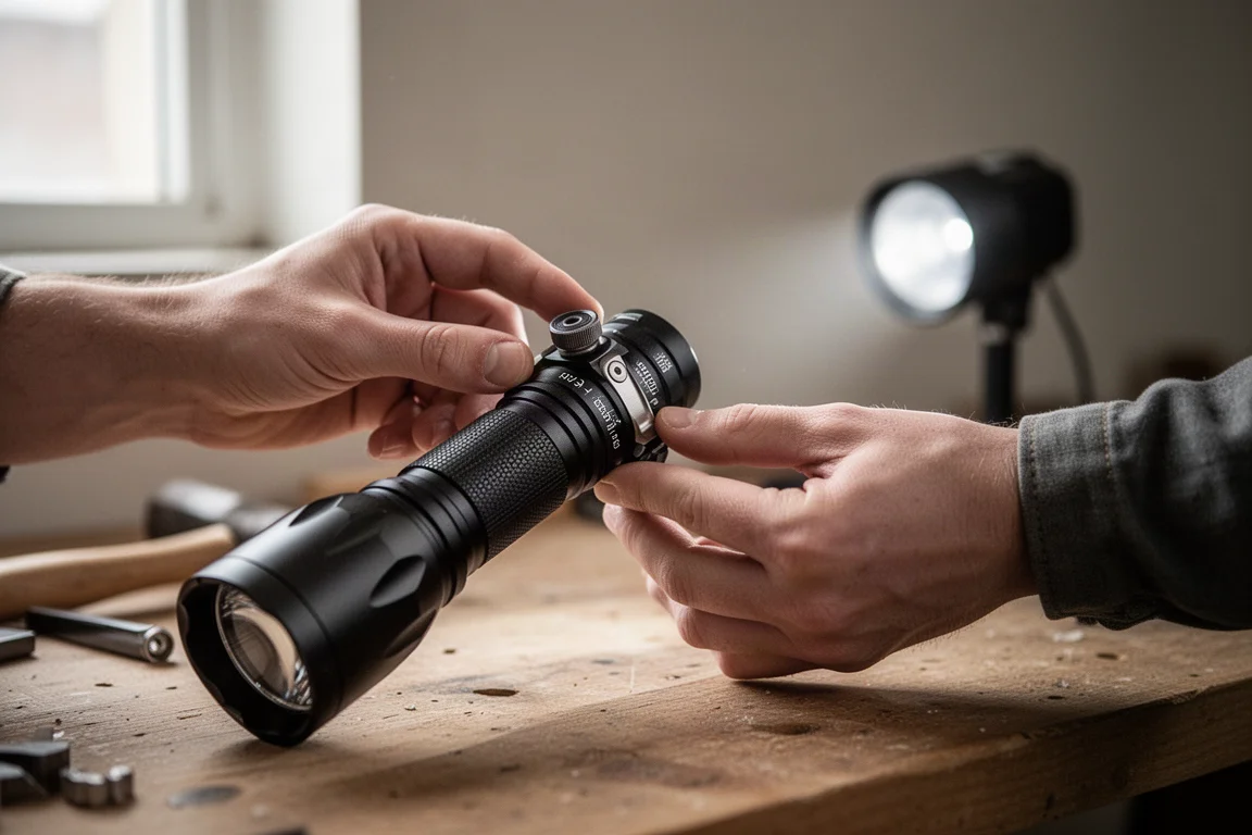 Twisting a flashlight head to adjust focus on a workbench