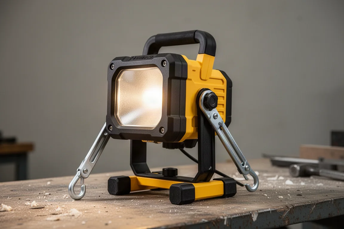 Yellow job site flashlight with folding hook and base magnet on a workbench