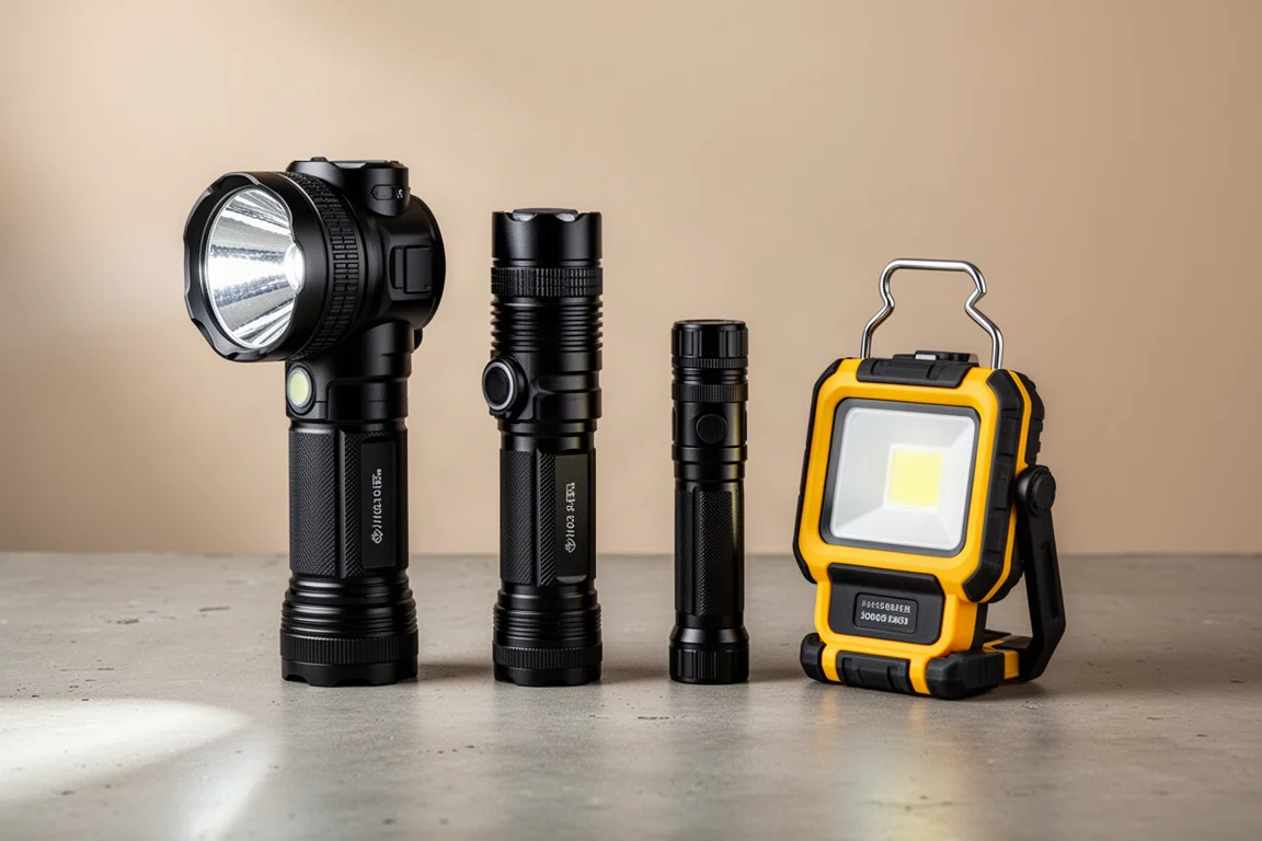 Four hardware store flashlights of different sizes lined up on a concrete surface