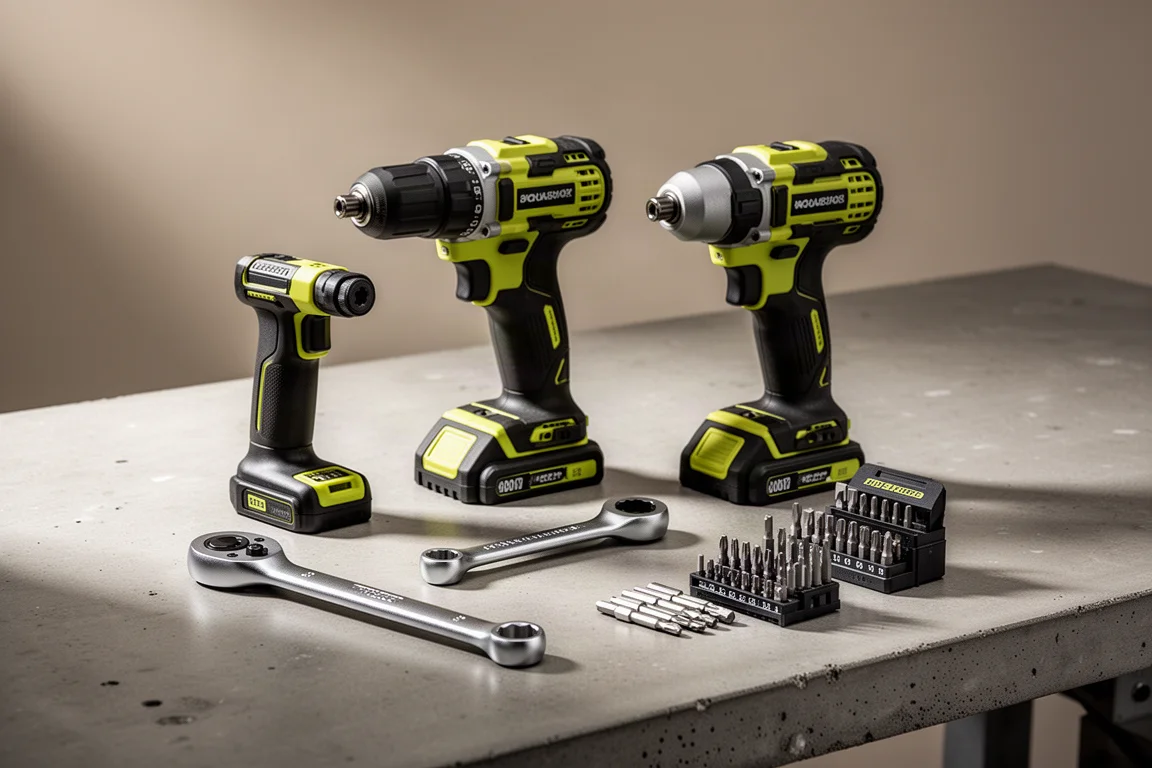 Cordless drill, impact driver, ratcheting wrench and hex keys arranged on a concrete workshop surface