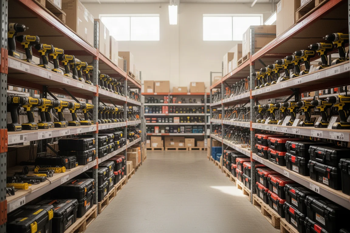 Shoppers browsing a busy hardware store tool aisle with holiday deals signage
