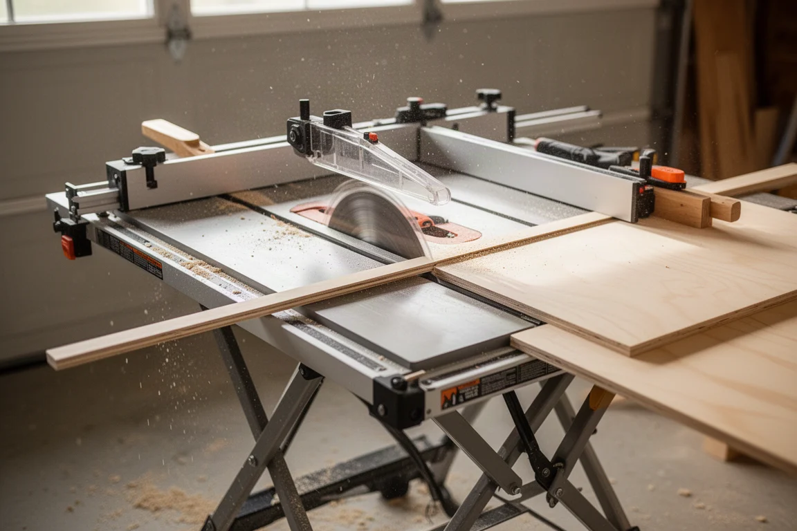 Job site table saw ripping a sheet of plywood in a bright workshop
