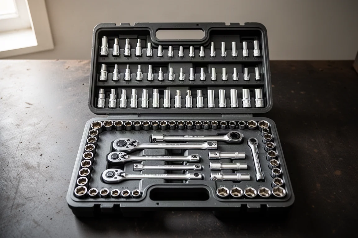 Mechanics tool set laid out in an open case on a workbench