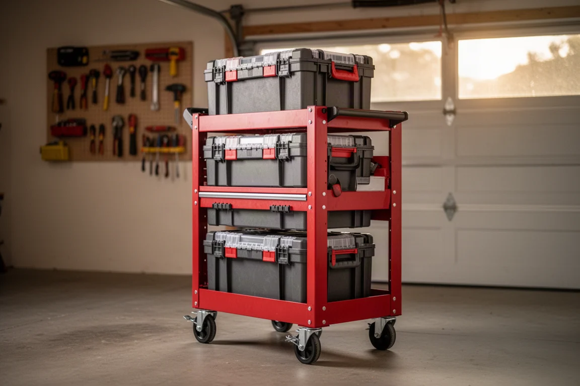 Stackable storage tool boxes loaded on a rolling cart in a garage