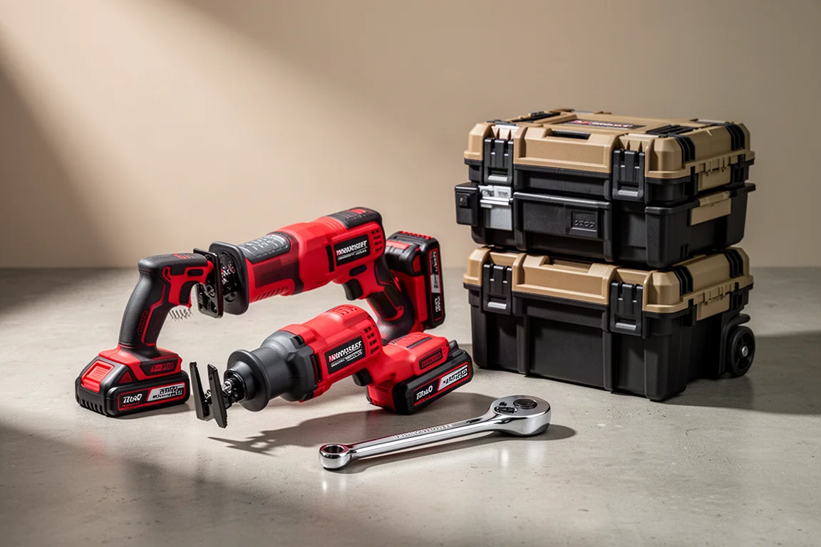 Workshop gear arranged on concrete including a reciprocating saw, tool cart, ratchet and storage cases
