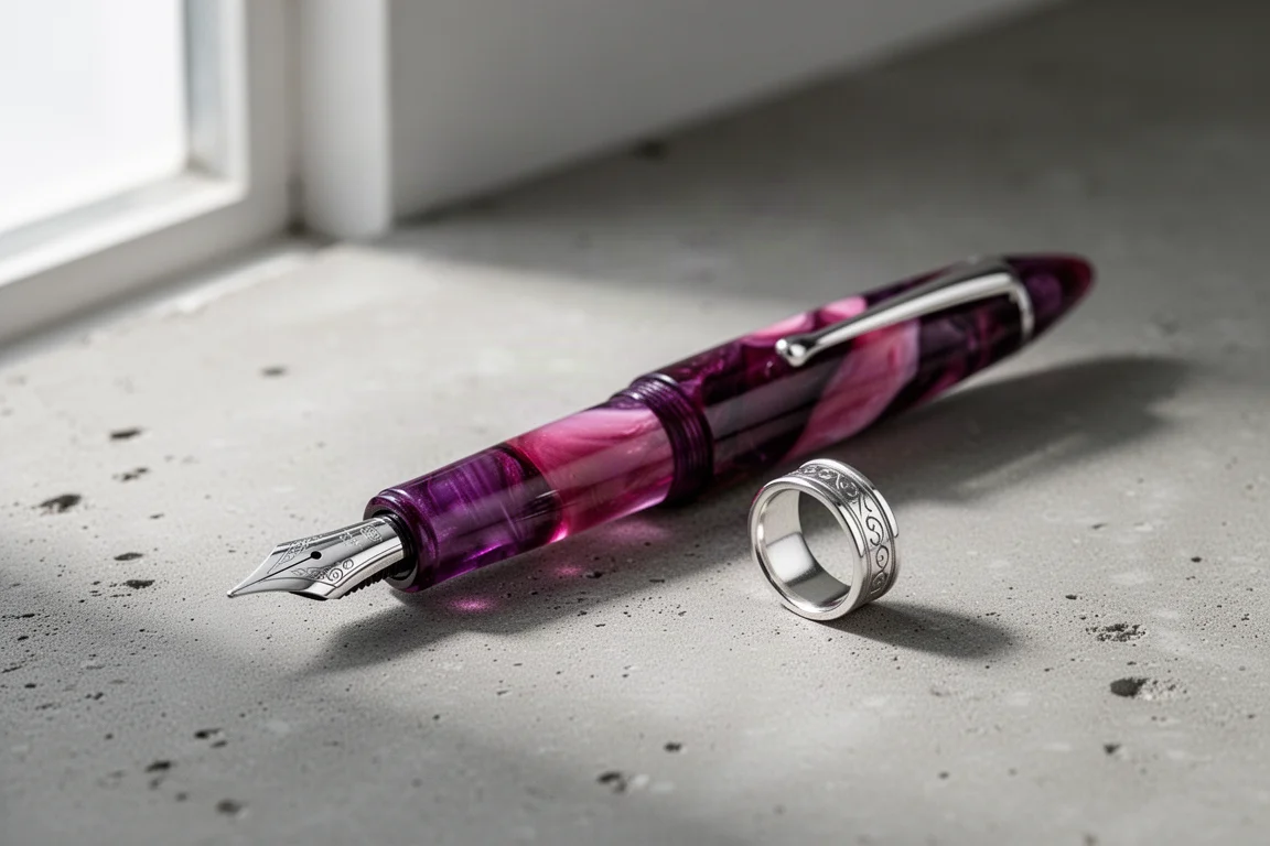 Handmade berry acrylic fountain pen with sterling silver roll stop on concrete surface