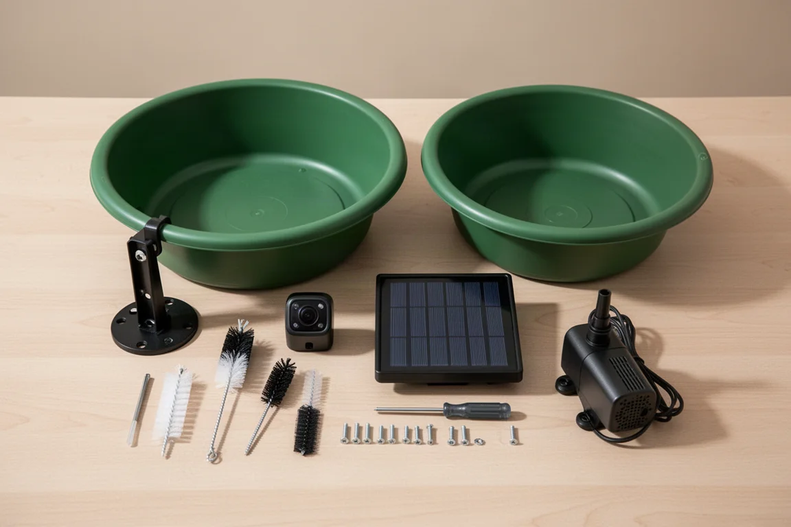 Scène de déballage avec les composants du bain d'oiseaux, des brosses de nettoyage et un tournevis sur une table