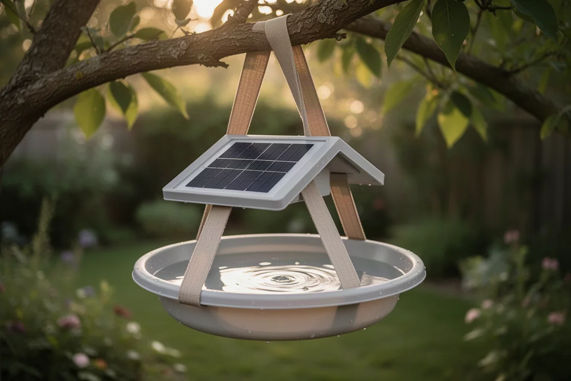 Bain d'oiseaux suspendu à une sangle d'arbre dans un jardin avec le panneau solaire au-dessus