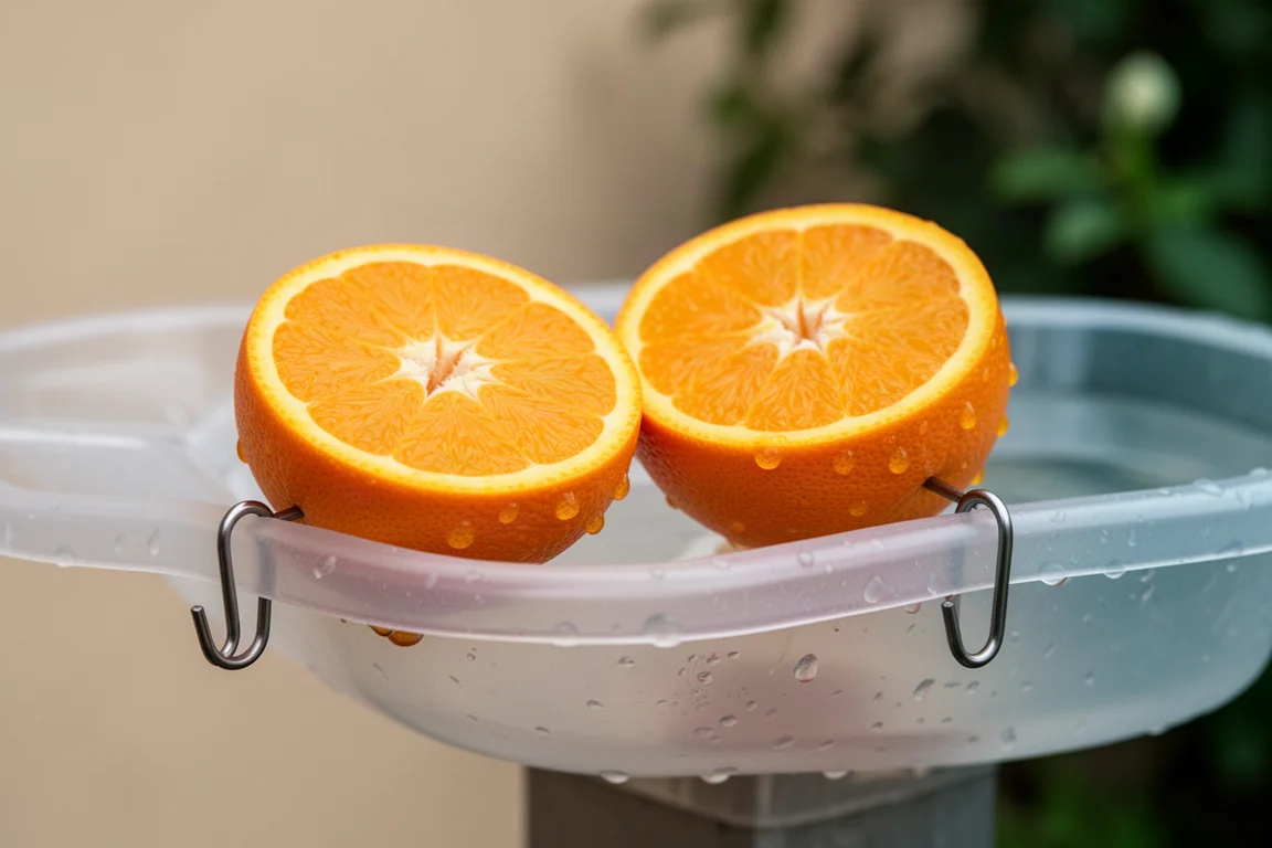 Moitiés d'orange fixées sur les crochets à fruits à côté d'un bain d'oiseaux pour attirer les oiseaux frugivores