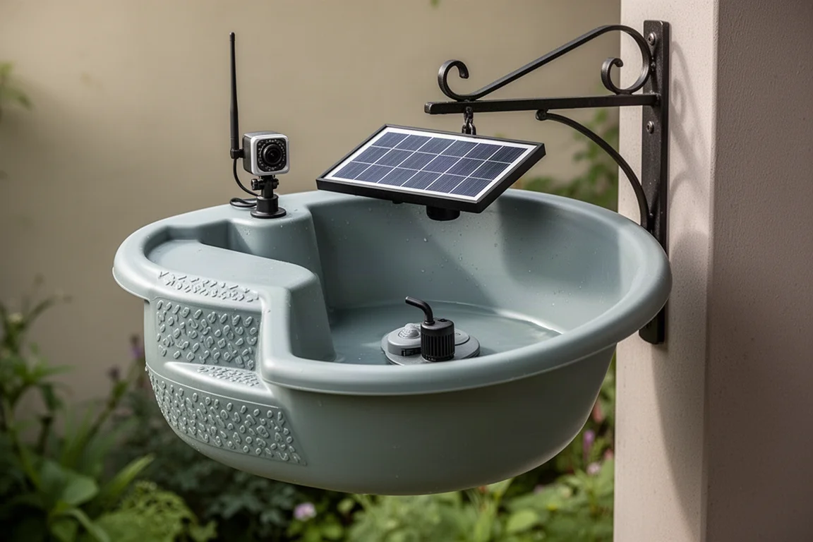 Hari Moore Smart Bird Bath with solar panel and camera hanging from a bracket