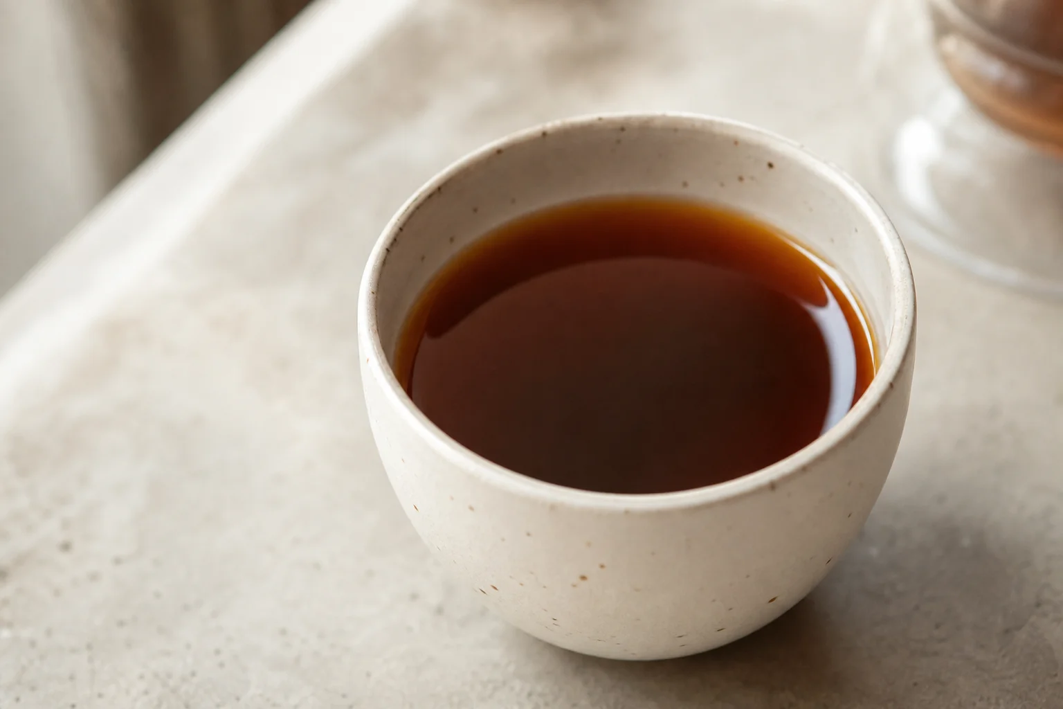 一杯色澤呈現琥珀色且清澈度極佳的成品手沖咖啡