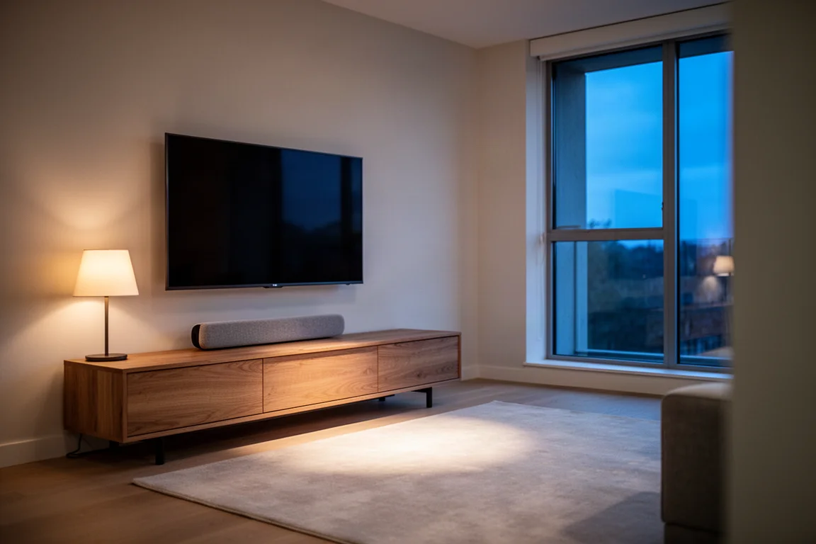 Soggiorno moderno al crepuscolo con una soundbar sottile sotto una televisione a parete