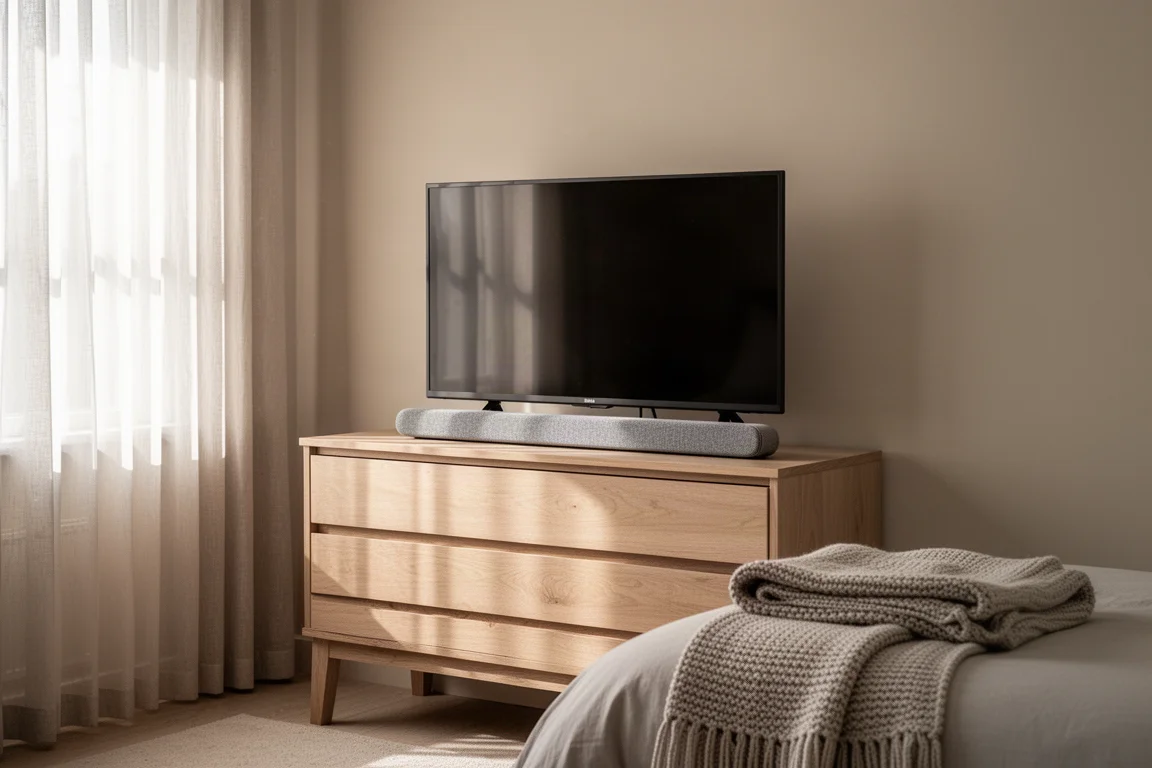 Soundbar compatta sotto una piccola televisione su una cassettiera in legno chiaro in camera da letto