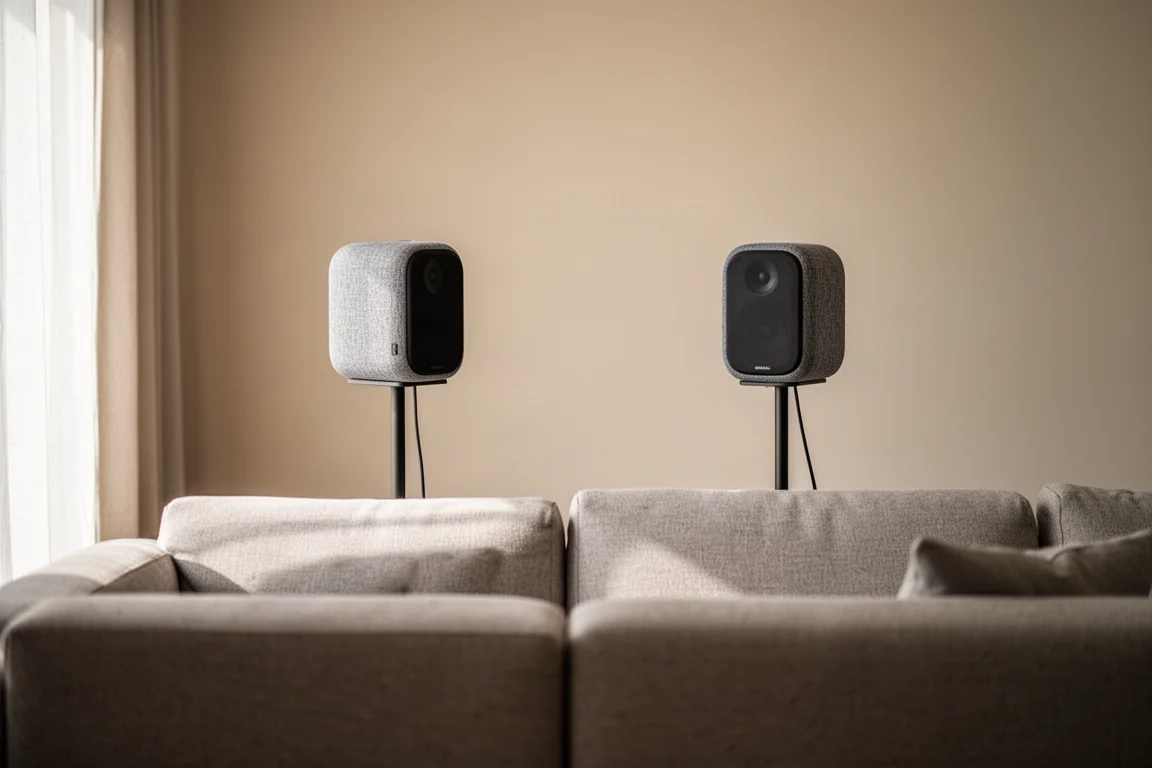 Due diffusori wireless compatti su supporti dietro un divano basso in una stanza con luce soffusa