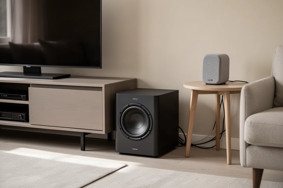 Subwoofer sistemato accanto a un mobile TV con un piccolo diffusore su un tavolino laterale