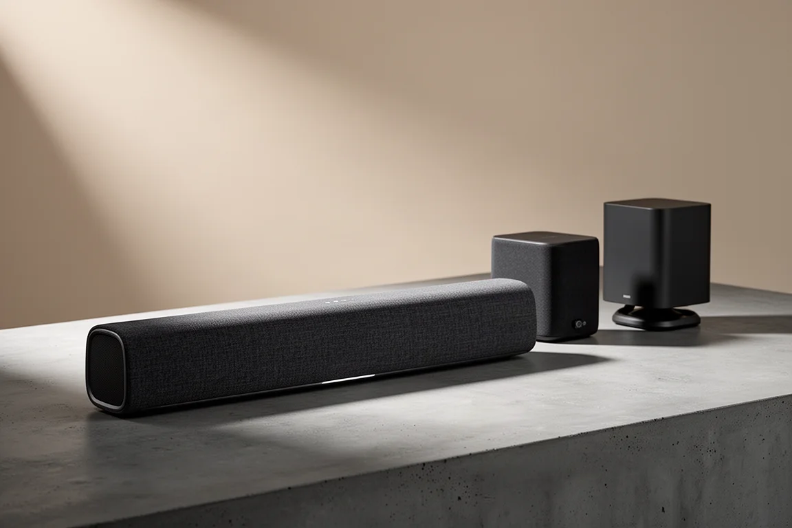 Fabric-wrapped soundbar, compact wireless speaker, and small subwoofer arranged on concrete